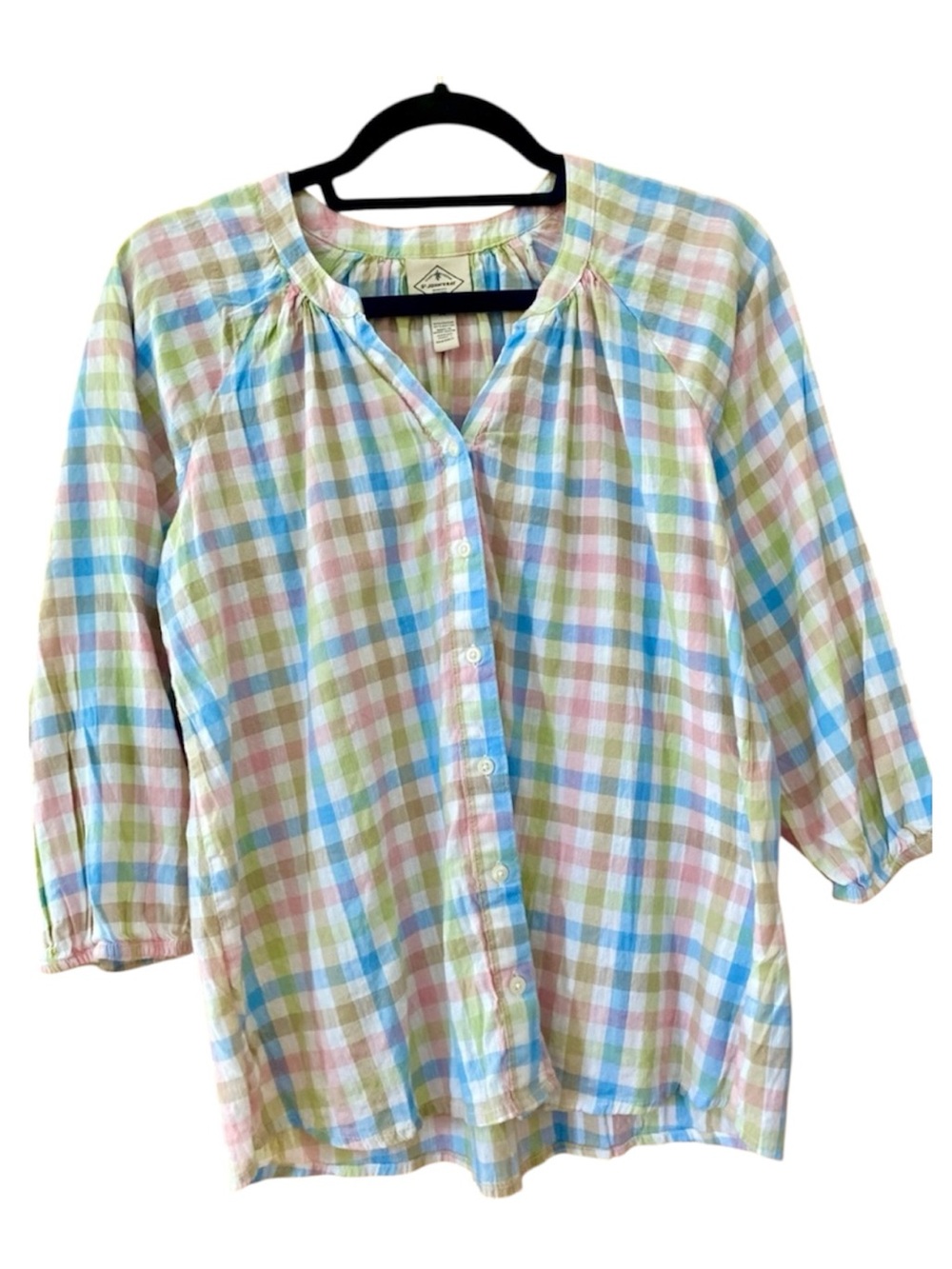 St. John's Bay Pastel Plaid Cotton Peasant Blouse Petite Small Coastal
